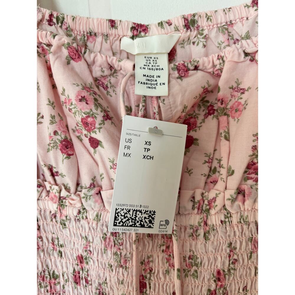 H&M NWT Pink Floral Cottagecore Mini Dress Ruffle Strap Tie Front - Picture 3 of 5